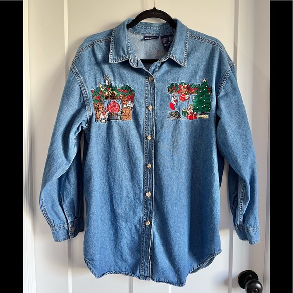 Vintage Tops - Vintage Christmas Embroidered Denim Button Down Shirt/Blouse L/XL
